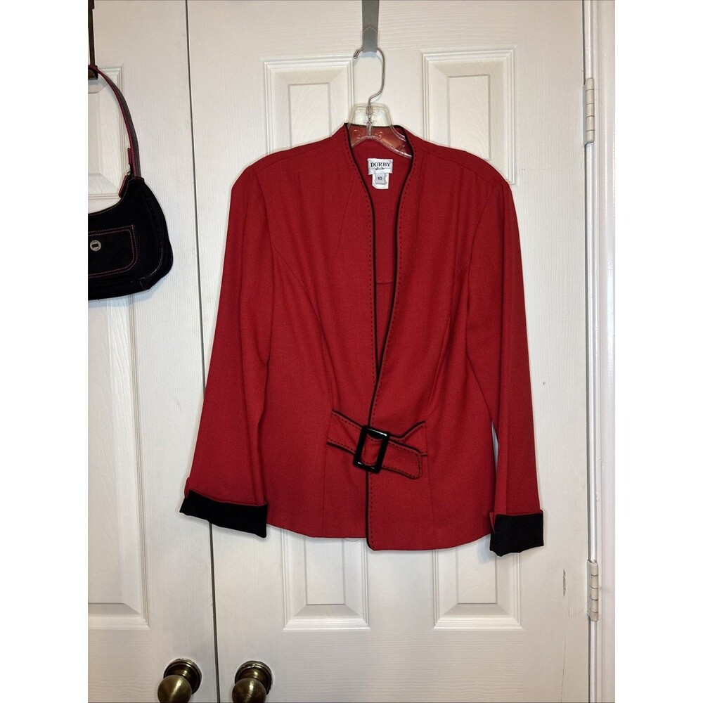 VTG 80s Dorby SZ 10 Red Vintage Blazer w Belted Waist Black Trim Princess Diana